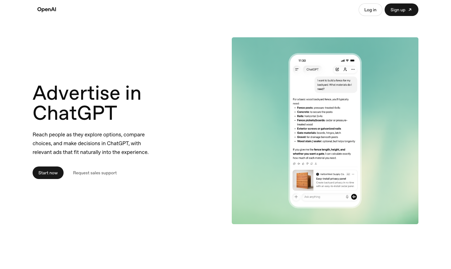 The signed-out ads.openai.com landing page, with OpenAI's own mock of an ad card in a ChatGPT conversation