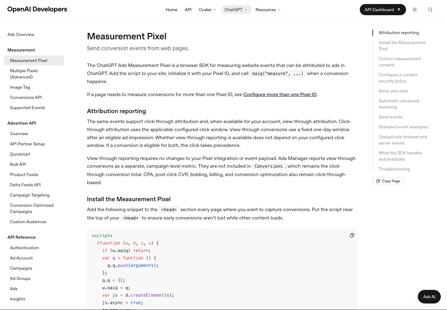 The ChatGPT Ads Measurement Pixel developer documentation with the oaiq install snippet