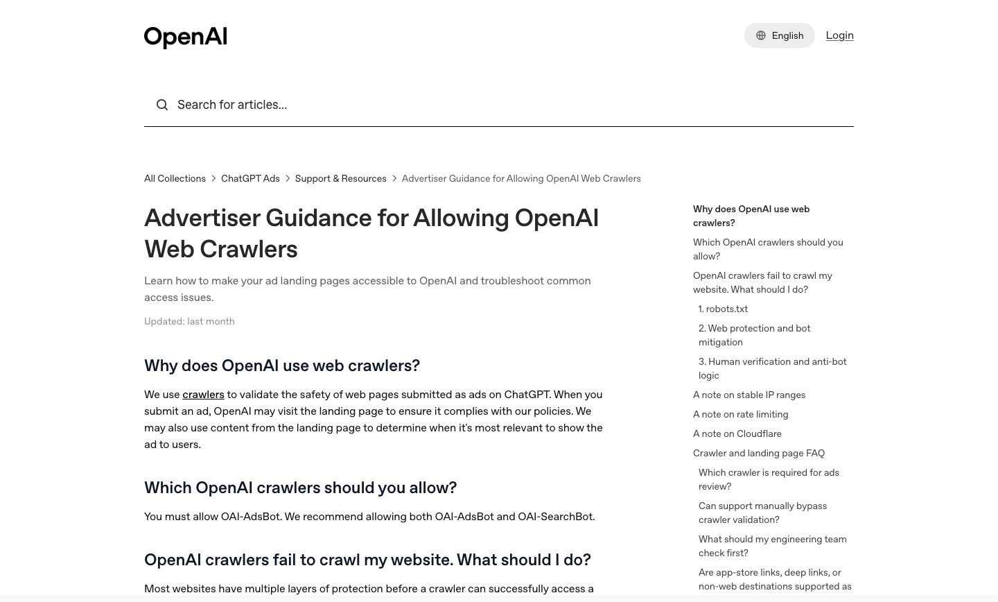 OpenAI's advertiser guidance page for allowing its web crawlers
