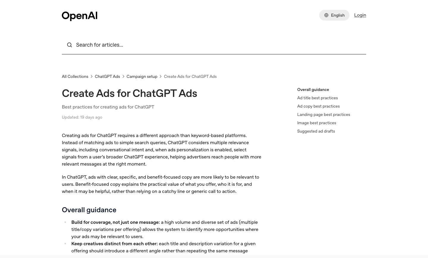 OpenAI's Create Ads help page with copy guidance and no exact character limits