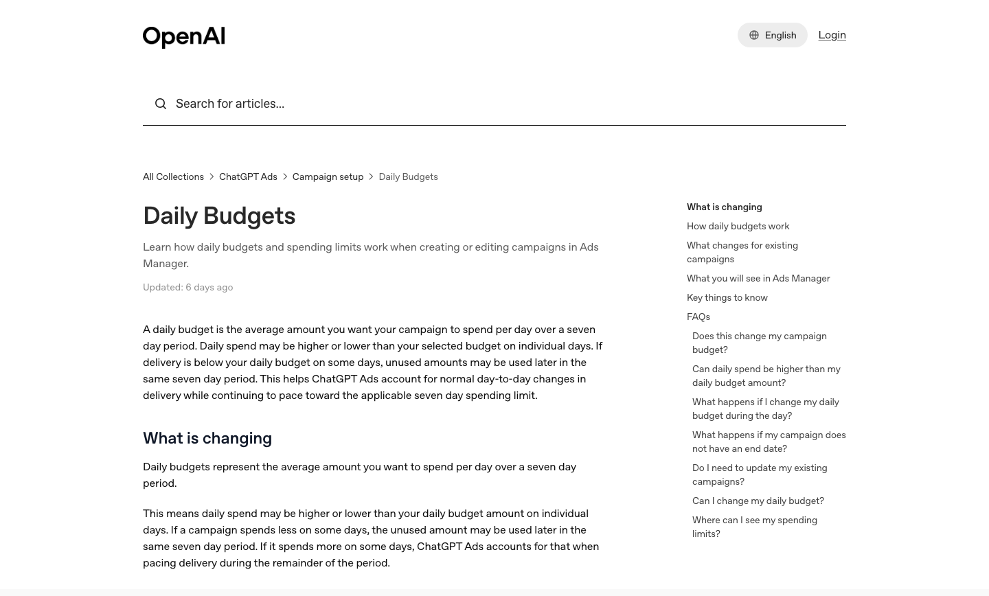OpenAI's Daily Budgets help page defining a daily budget as an average over a seven-day period