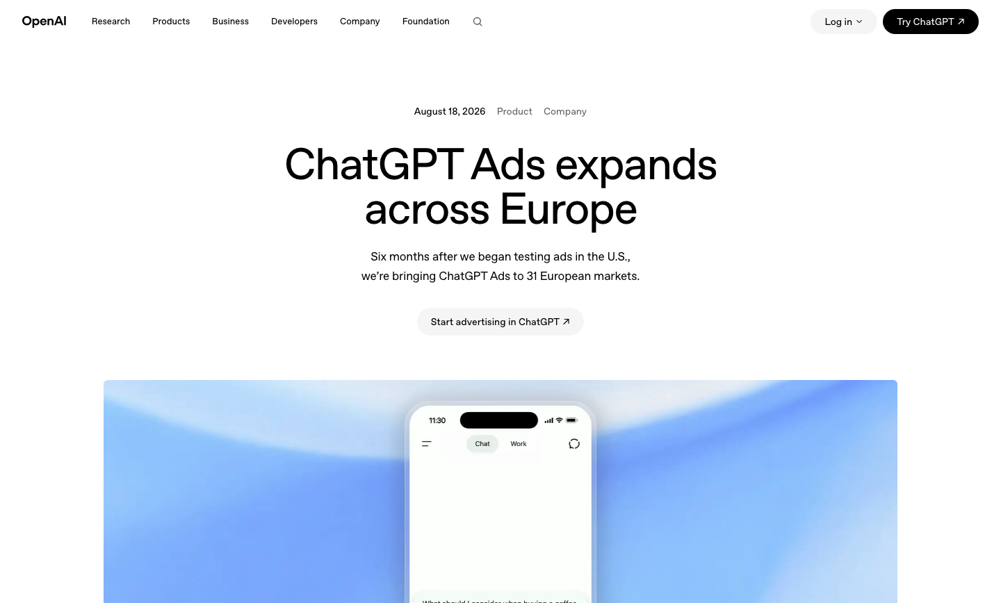 OpenAI's announcement post for ChatGPT Ads expanding to 31 European markets