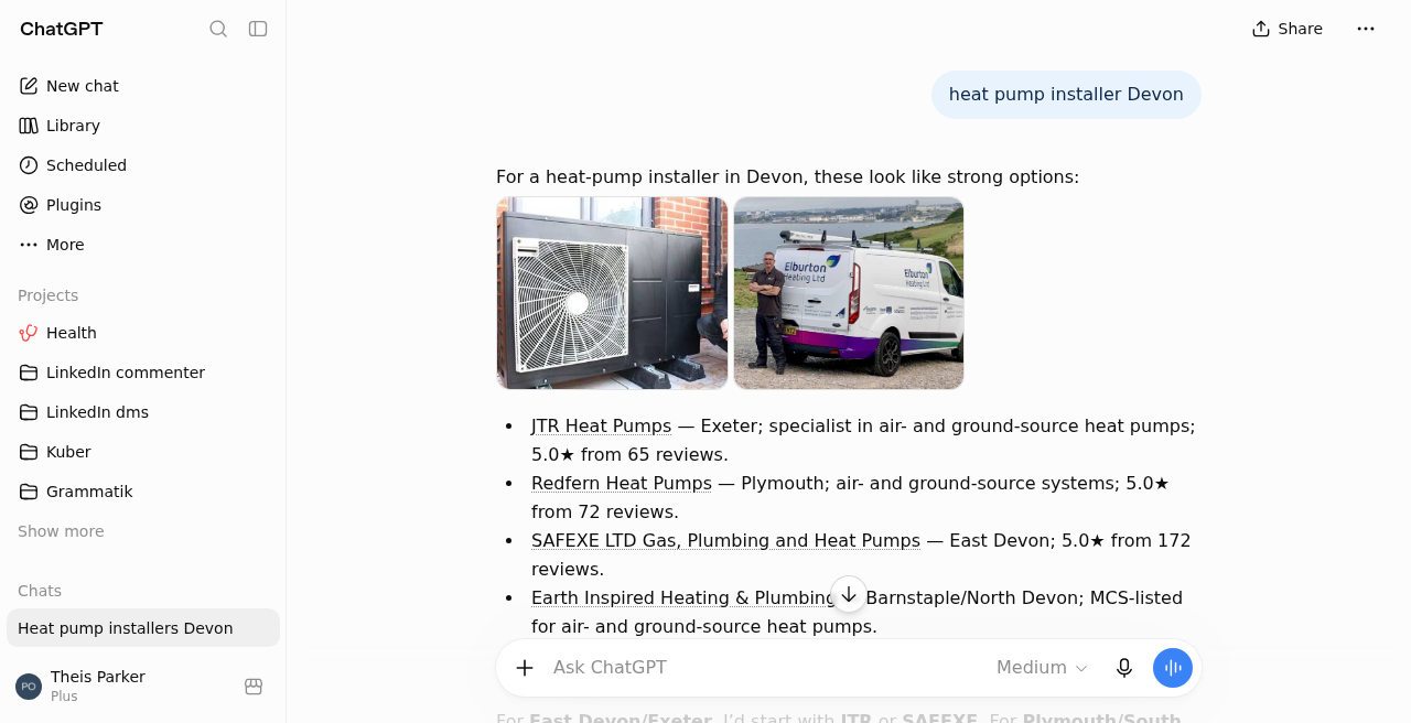 ChatGPT answer to the query heat pump installer Devon, naming JTR, Redfern, SAFEXE and Earth Inspired